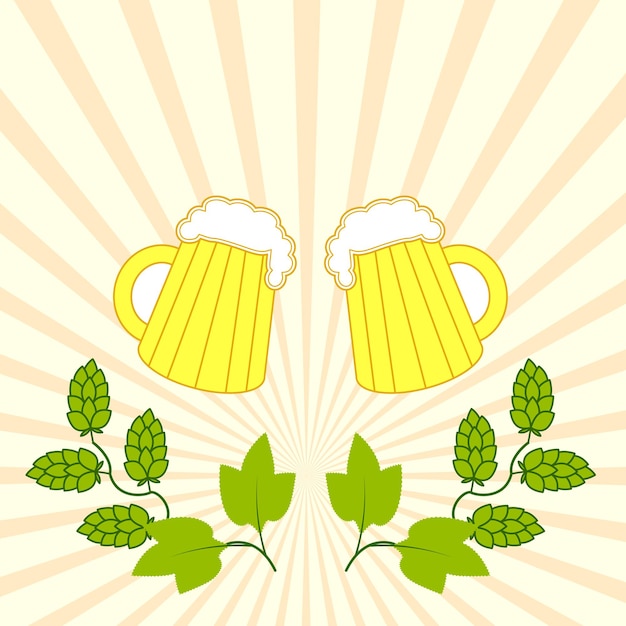 ホップの枝が付いている泡の帽子が付いている2つの新鮮なビール