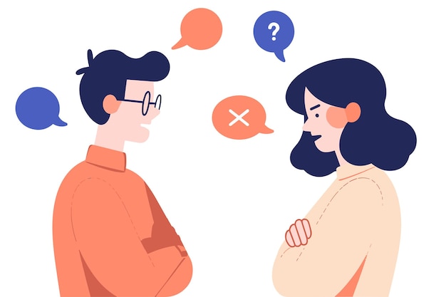 Two friends having a conversation with mismatched speech bubbles indicating confusion Talking family conflicts symbol Vector illustration