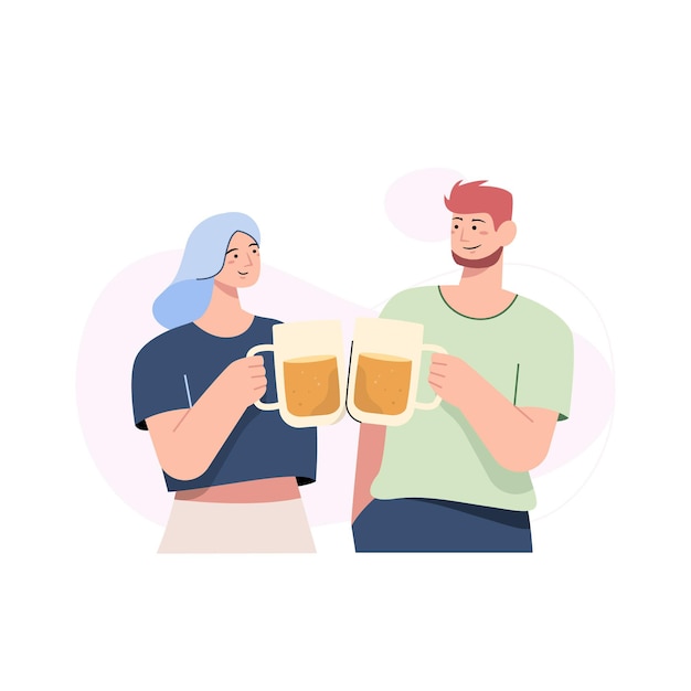 Vector two friends meeting and drinking beer together in flat design