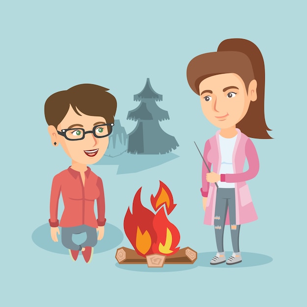 Premium Vector | Two friends sitting around bonfire in the camping.