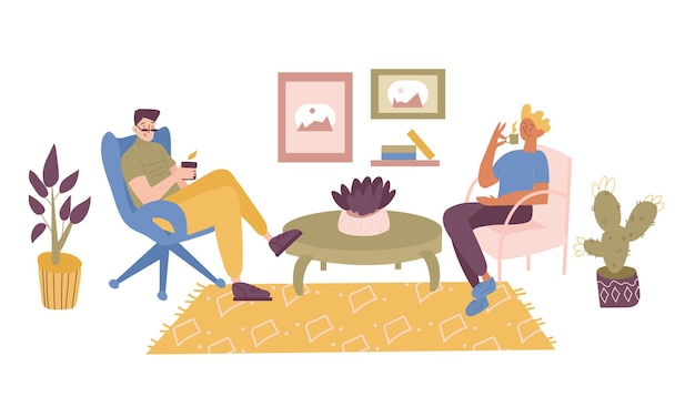 two friends, students, workers or colleagues sitting in the comfortable chair.