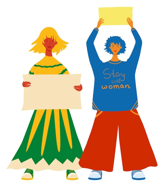 Two full growth girls hold posters. Women's freedom. Vector isolated in flat style