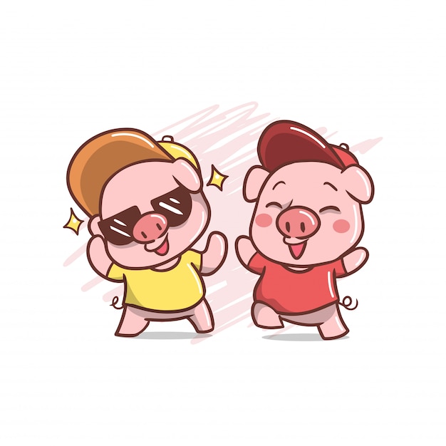 Two funky cute pig illustration