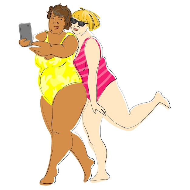 Two funny elderly ladies in bright swimsuits take selfie on the beach vector illustration