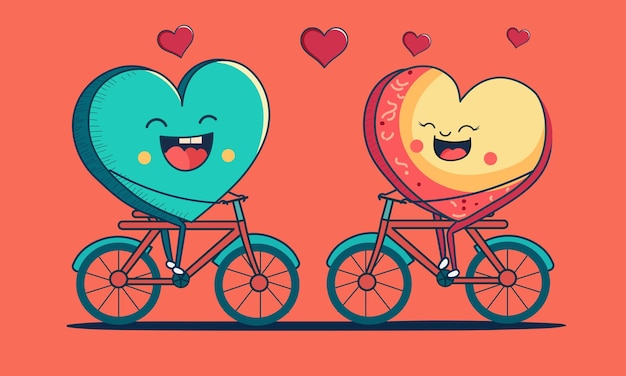 Two Funny Hearts Riding On Their Bicycle For Love Concept