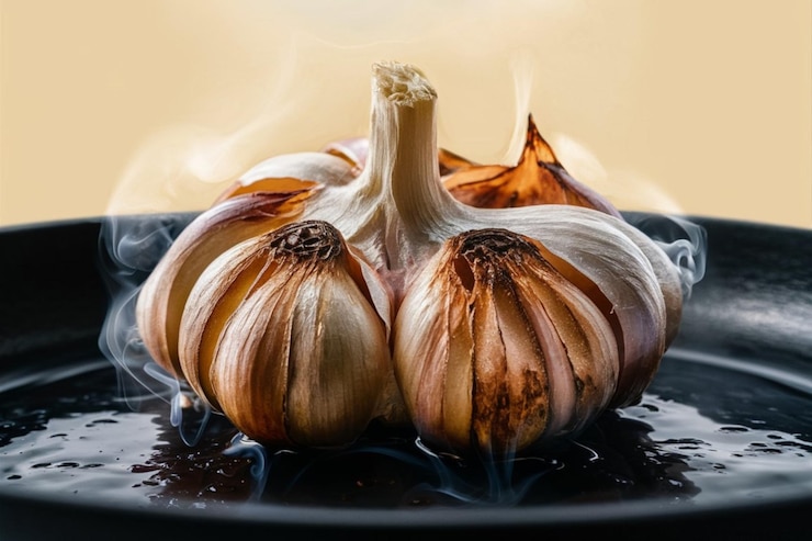 Vector two garlics are on a black plate with a smoke coming out of the background