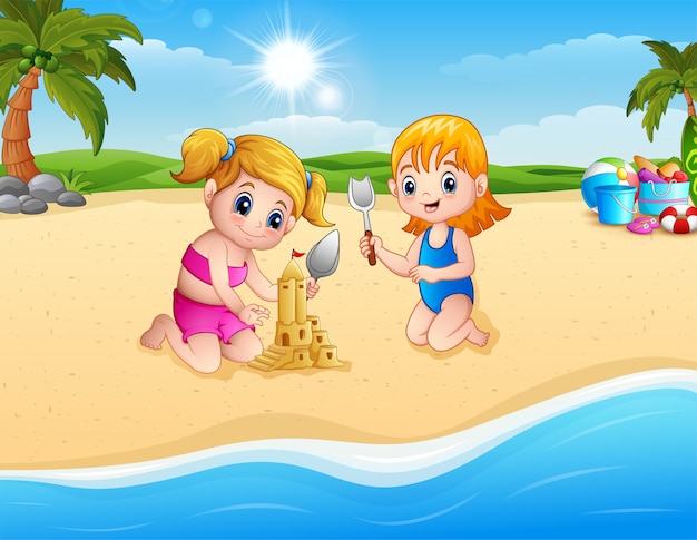 Two girl making sand castle with shovel