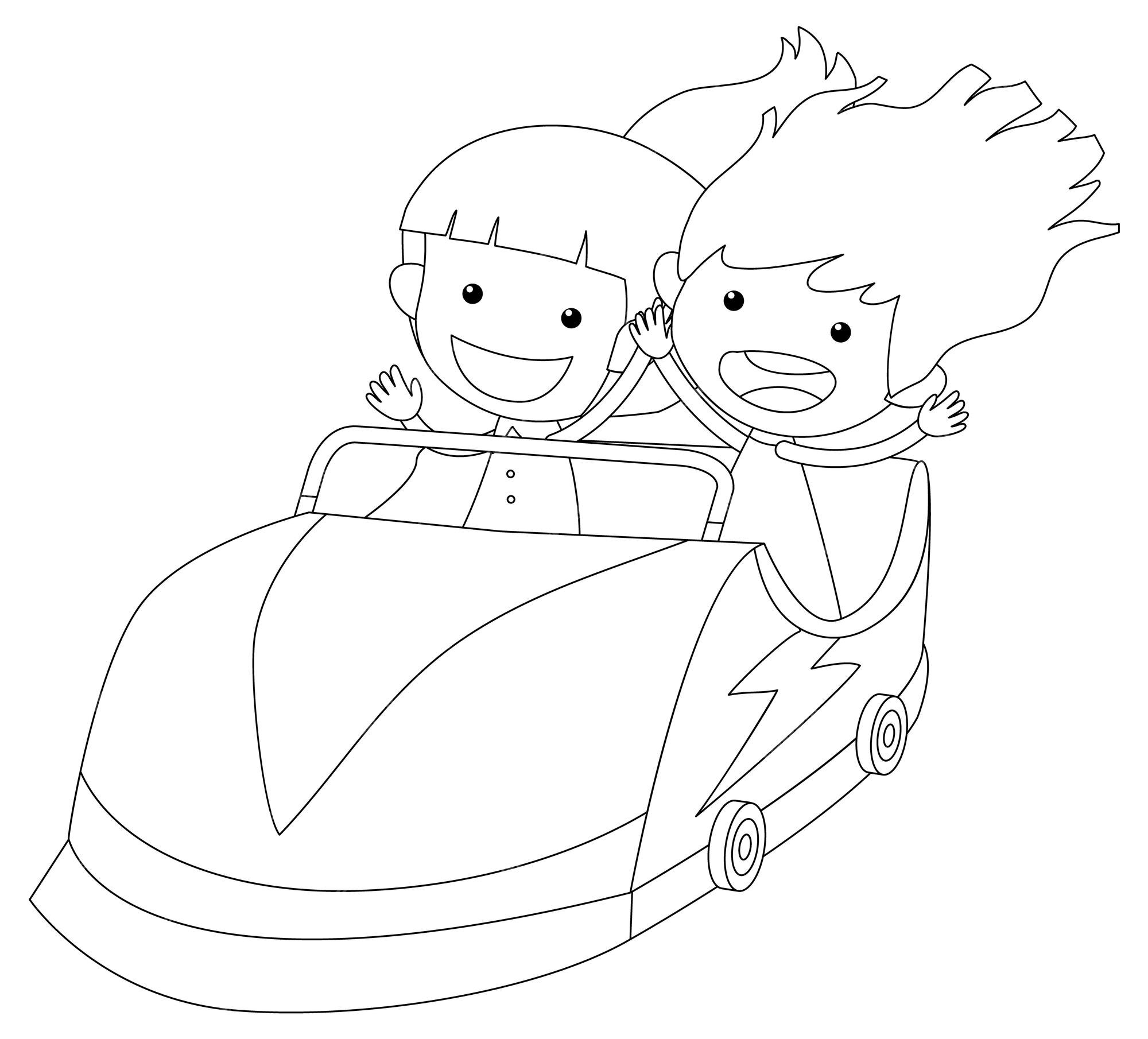 Premium Vector | Two girl in racing car black and white doodle character Premium Vector | Two girl in racing car black and white doodle character