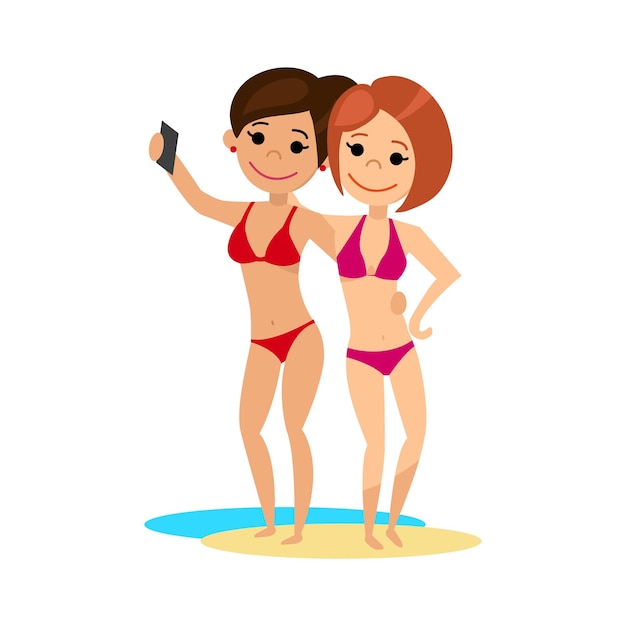 Vettore due amiche in bikini che si fanno selfie sulla spiaggia. stile cartone animato