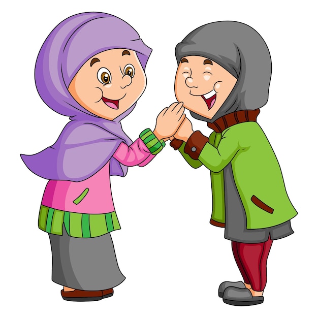 The two girls are celebrating the eid al fitr with the happy expression of illustration