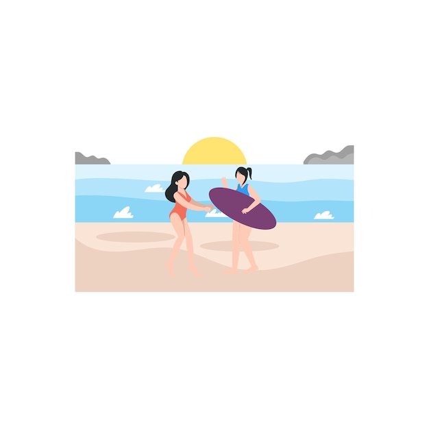Two girls on the beach with a surfboard in the background.
