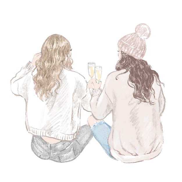 Vector two girls best friends celebrating christmas, watercolor illustration.