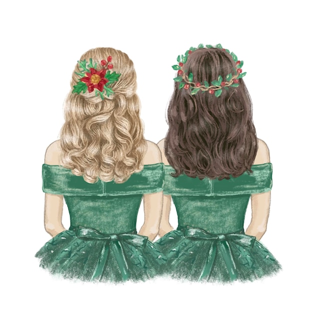 Two girls best friends ready for christmas hand drawn illustration