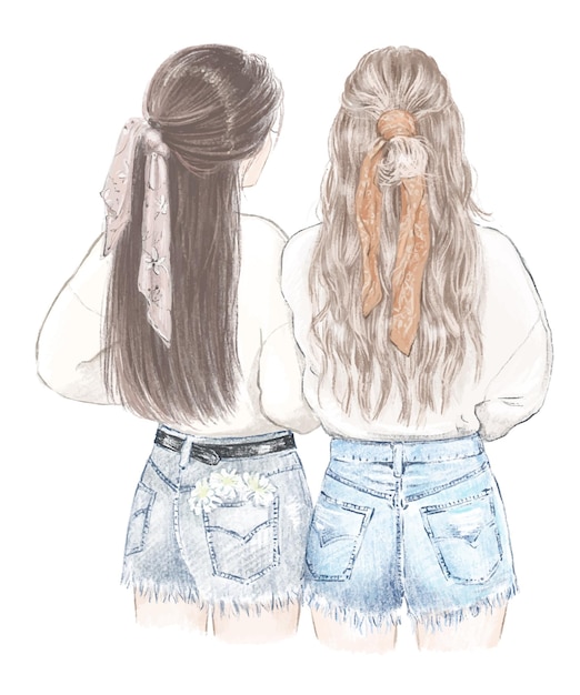 Vettore due ragazze migliori amiche in felpe e pantaloncini di jeans disegnati a mano illustrazione