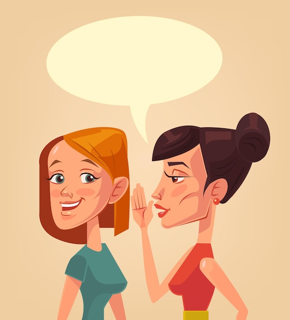 Vector two girls characters gossiping telling secret to each other