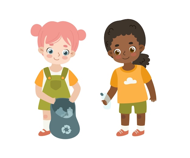 Two girls collect plastic bottles in garbage bag together.