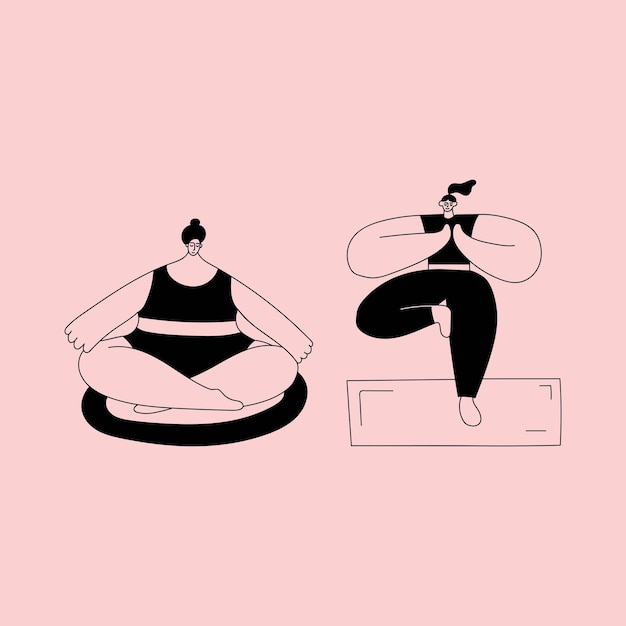 Two girls doing yoga and meditation Illustration on pink background