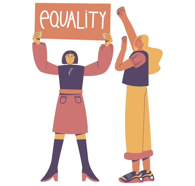 Due ragazze femministe con cartello di uguaglianza alzato pugno donne uguaglianza giorno femminismo illustrazione vettoriale