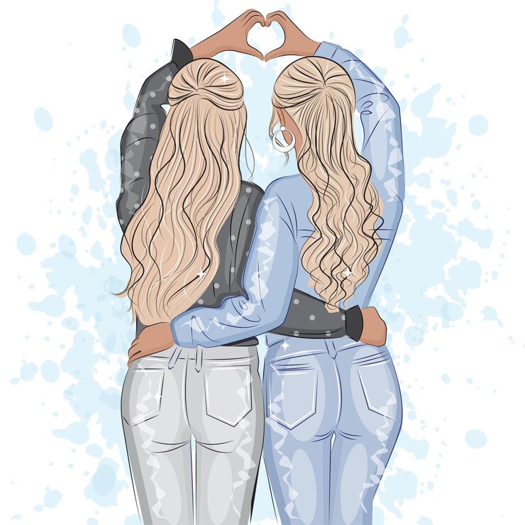 Vector two girls friends sister friends with long hair hugging friendship day print valentine vector