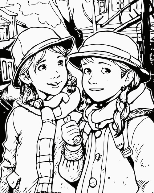 Two girls in hats are standing in front of a building.