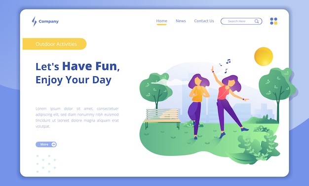 두 여자는 방문 페이지 템플릿에 야외 활동 개념 재미