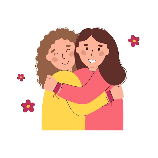 Two girls hugging in friendship bracelets vector flat illustration. International Friendship Day