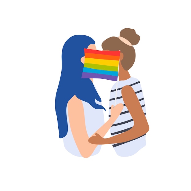 Two girls kiss for an LGBT flag Lesbians Pride Month Woman with long blue hair and lock of hair