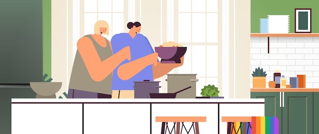 Two girls lesbian couple preparing food on kitchen transgender love lgbt community concept horizontal living room interior vector illustration