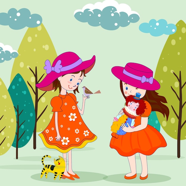 Two girls in the park vector illustration in flat cartoon style