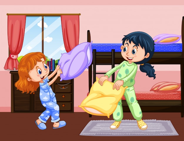 Vector two girls playing pillow fight in bedroom