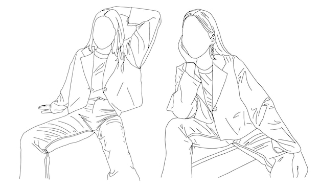 Two girls posing while sitting. Linear style. Vector illustration.