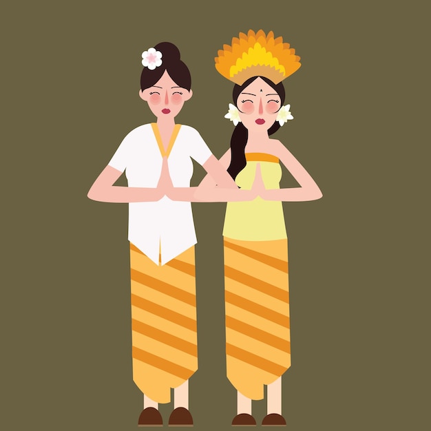 Vector two girls represent indonesia ethnic group wearing traditional dress clothes smile beautiful