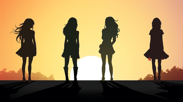 Vector two girls on a stage with an orange sunset in the background