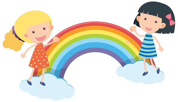 Vector two girls standing on clouds with rainbow