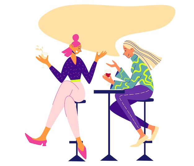 Vector two girls talking in a cafe young women socialize and drinks meeting friendship and communication perfect for printing banners postcards and invitations vector cartoon illustration