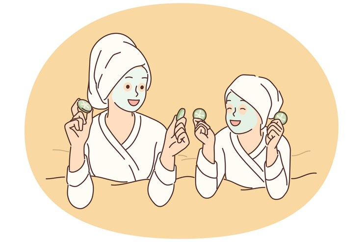 Vector two girls with hygienic mask on face rest lying on bed during rejuvenating spa treatment