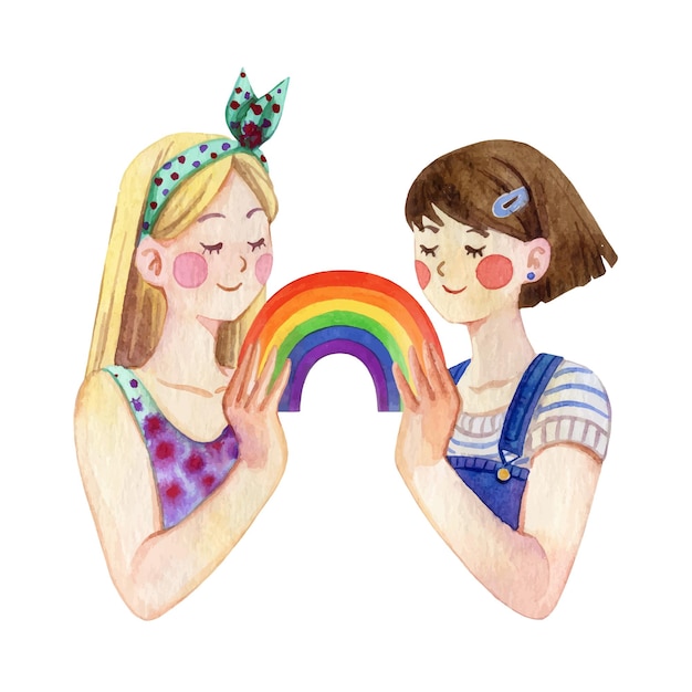 Due ragazze con clipart di vettore dell'acquerello di simbolo dell'arcobaleno della comunità lgbt isolate su priorità bassa bianca