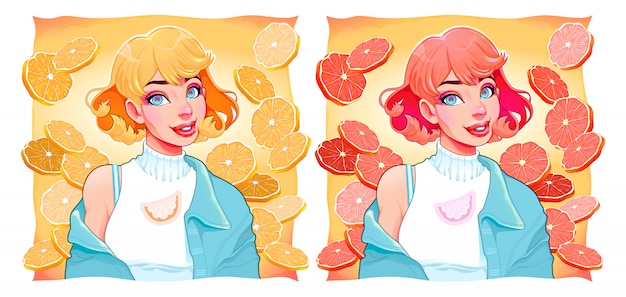 Vector two girls with slices of lemon and orange on backgrounds