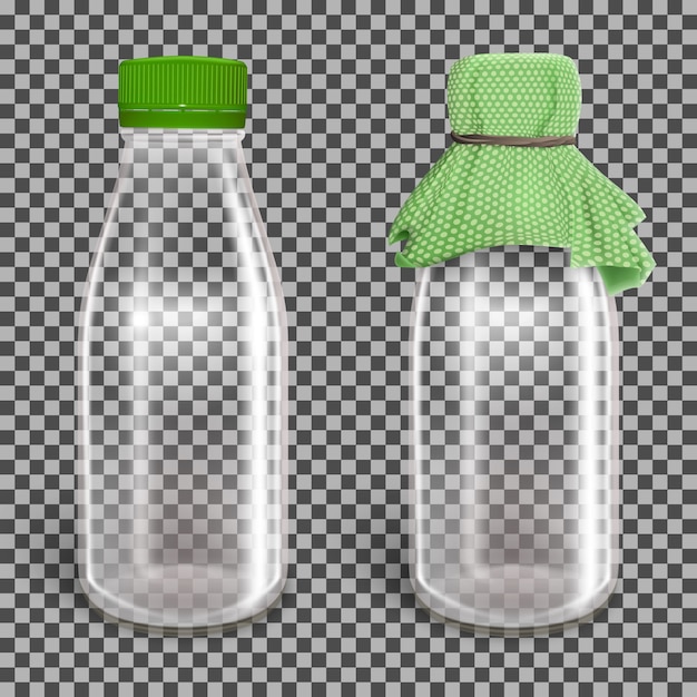 Vector two glass empty bottles with a green paper cap.