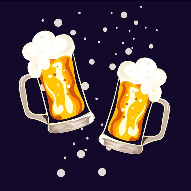 Vector two glasses of beer with foam on dark background