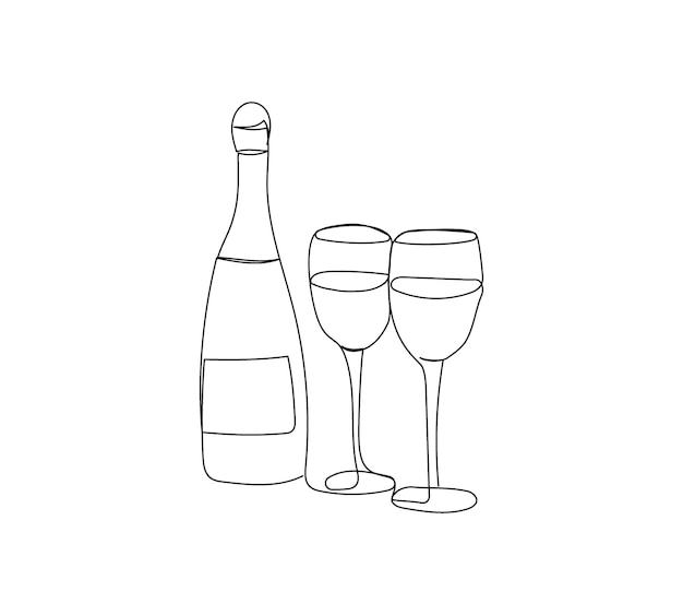 Due bicchieri e una bottiglia una linea art. disegno a tratteggio continuo di vacanze di capodanno, natale, compleanno, champagne, vino, liquori, rum, alcol, cocktail, bevande, gioia. illustrazione vettoriale disegnato a mano.