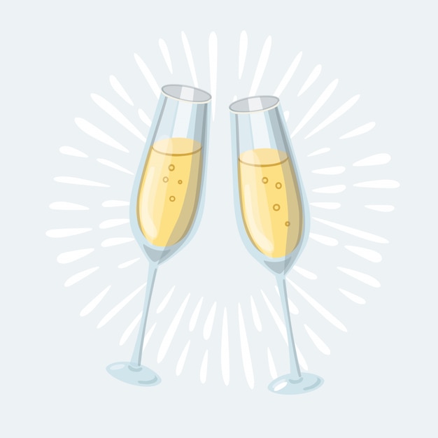 Vector of two glasses champagne  on white. cartoon style. cute funny christmas icon. illustration.