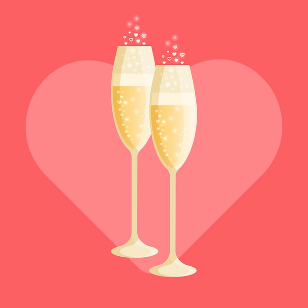 Vector two glasses of champagne with bubbles isolated on a red heart background