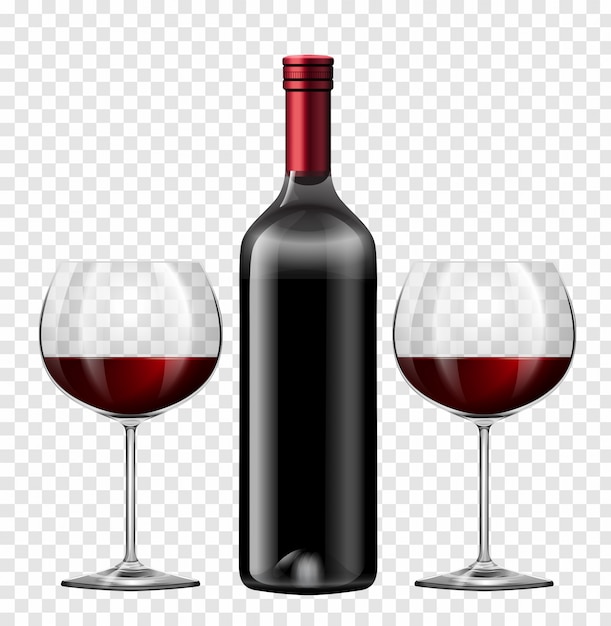 Vector two glasses of red wine and bottle of wine