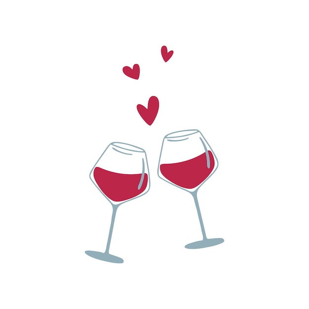 Vettore due bicchieri di vino rosso e cuori. concetto di appuntamento romantico. illustrazione vettoriale disegnata a mano.