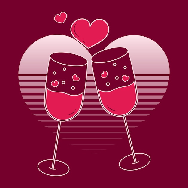 Vector two glasses of wine with a heart on the bottom