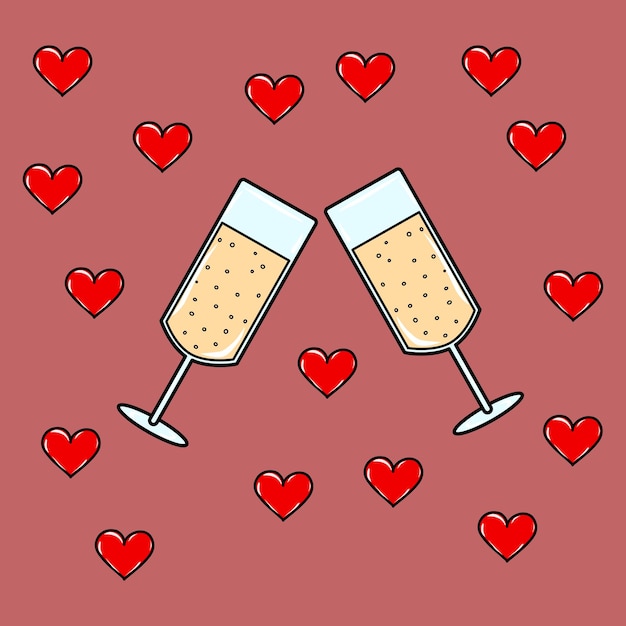 Vector two glasses with champagne and red hearts