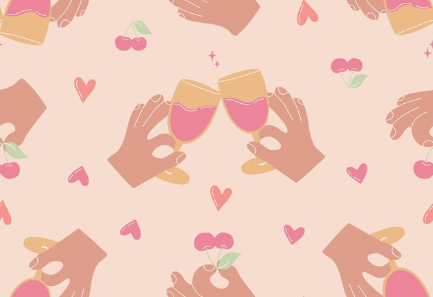 Two glasses with wine and hand with cherry seamless pattern Celebrate concept cartoon illustration