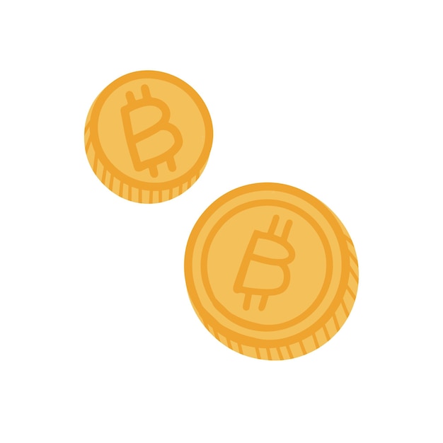 Две золотые плоские монеты, нарисованные вручную биткойнами на белом фоне, векторная плоская иллюстрация, выделенная на белом фоне.