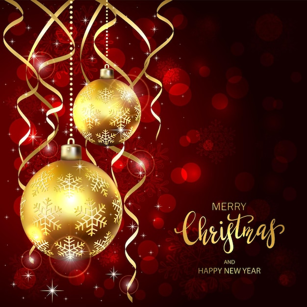 Two golden Christmas balls and streamers on red background. Illustration with lettering Merry Christmas and Happy New Year for holiday design, cards, invitations, posters, postcards and banners.